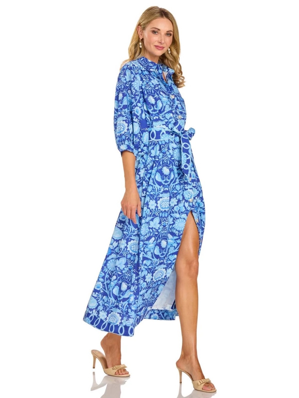 Trish Scully Nadia Maxi Dress Floral Blue White Cotton Womens M Coastal Preppy